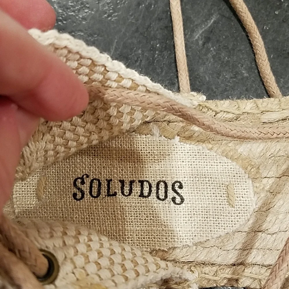 Soludos Beige Suede Espadrille Lace-Up Pom Pom Flats